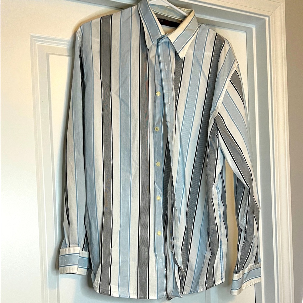 Perry Ellis Men's Vertical Striped Shirt - Black, White, and Blue